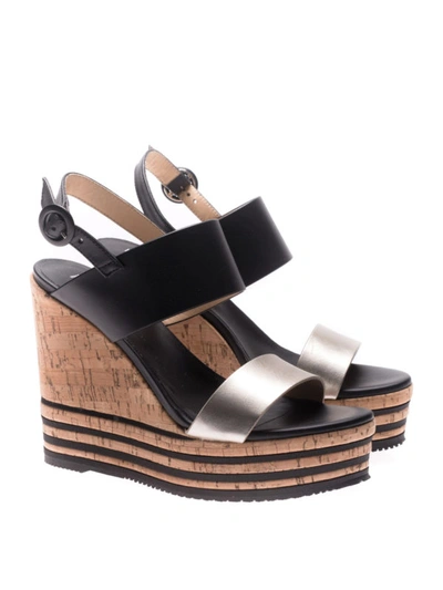 Shop Hogan H361 Cork Wedge Two-tone Sandals In Black