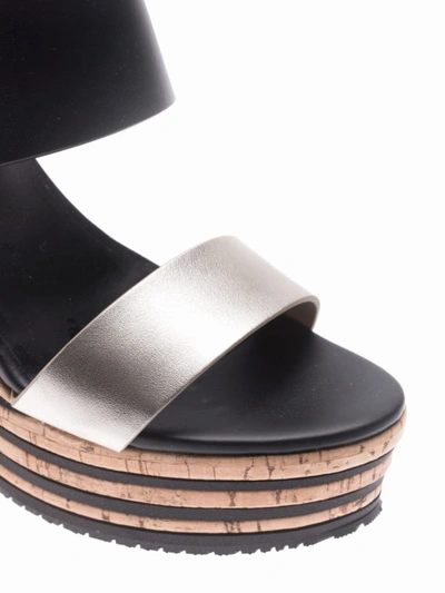 Shop Hogan H361 Cork Wedge Two-tone Sandals In Black