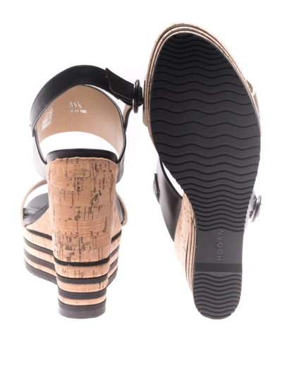 Shop Hogan H361 Cork Wedge Two-tone Sandals In Black