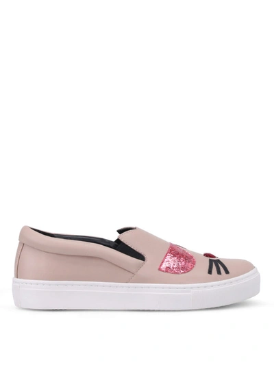 Shop Karl Lagerfeld Choupette Leather Slip-ons In Light Pink