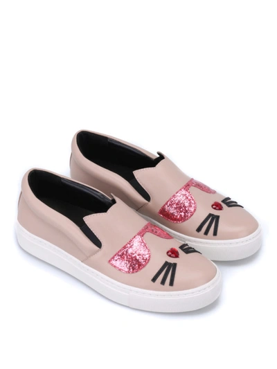 Shop Karl Lagerfeld Choupette Leather Slip-ons In Light Pink
