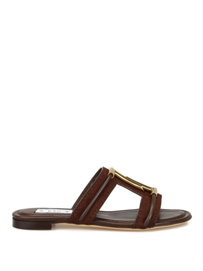 Shop Tod's Double T Suede And Leather Flat Sandals In Brown