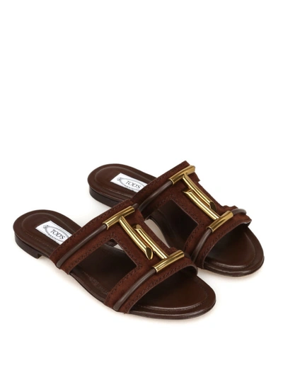 Shop Tod's Double T Suede And Leather Flat Sandals In Brown