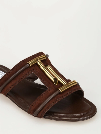 Shop Tod's Double T Suede And Leather Flat Sandals In Brown