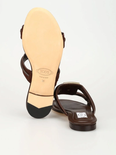 Shop Tod's Double T Suede And Leather Flat Sandals In Brown