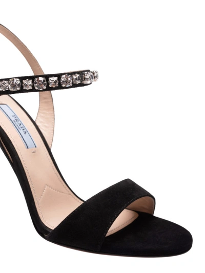 Shop Prada Jewel Strap Suede Heeled Sandals In Black