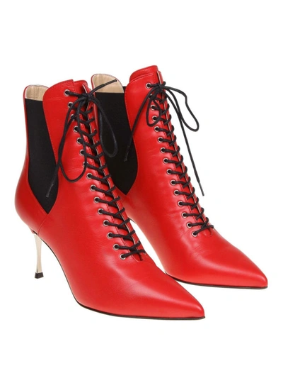 Shop Sergio Rossi Leather Lace-up Pointy Ankle Boots In Red