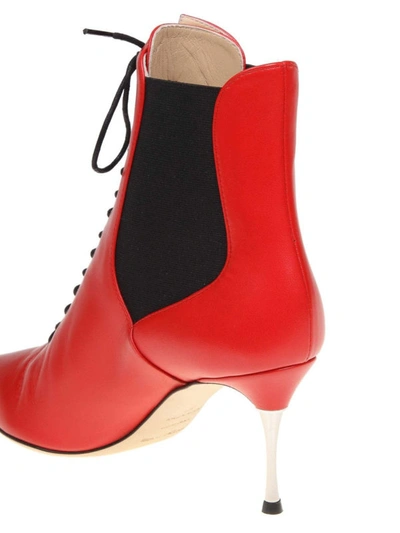 Shop Sergio Rossi Leather Lace-up Pointy Ankle Boots In Red