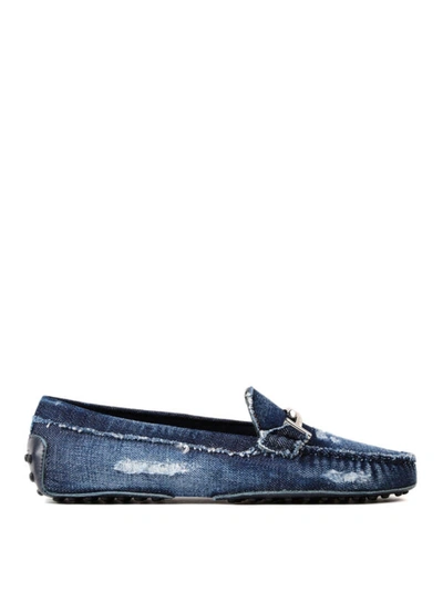 Shop Tod's Double T Worn Out Denim Loafers In Medium Wash
