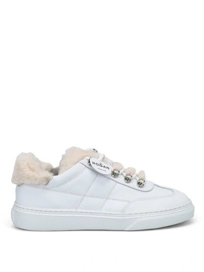 Shop Hogan Sheep Fur Inner Stitched Leather Sneakers In White