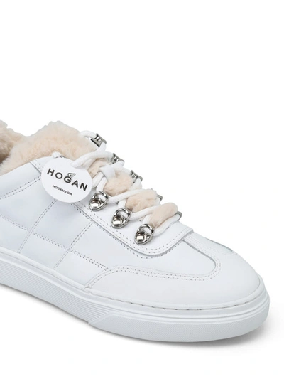 Shop Hogan Sheep Fur Inner Stitched Leather Sneakers In White