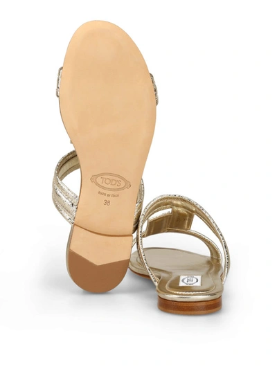 Shop Tod's Metallic Leather Double T Sandals In Gold