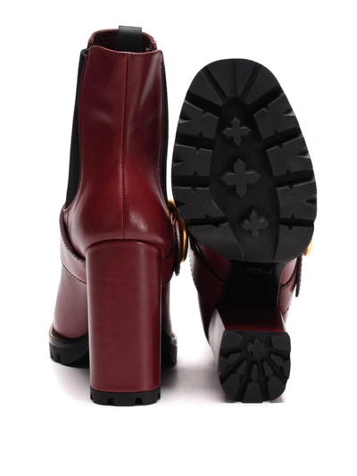 Shop Prada Buckle Detail Leather Booties In Dark Red