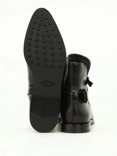 Shop Tod's Buckled Leather Pointy Ankle Boots In Black