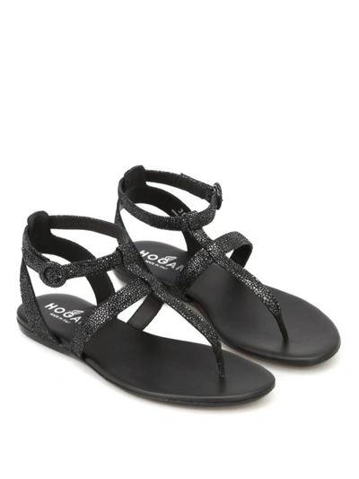 Shop Hogan Valencia Shiny Suede Thong Sandals In Black