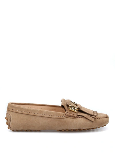 Shop Tod's Suede Loafers With Fringes In Dark Beige