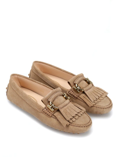 Shop Tod's Suede Loafers With Fringes In Dark Beige