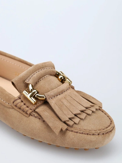 Shop Tod's Suede Loafers With Fringes In Dark Beige