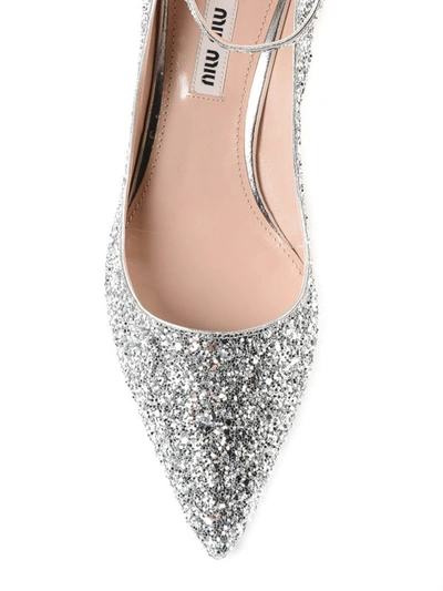 Shop Miu Miu Silver Glitter Ankle Strap Pumps