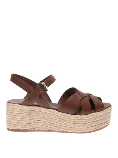 Shop Prada Espadrilles Style Platform Leather Sandals In Brown