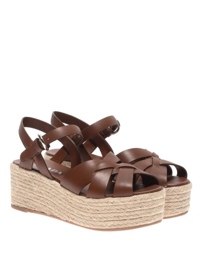 Shop Prada Espadrilles Style Platform Leather Sandals In Brown