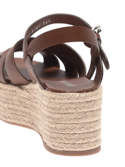 Shop Prada Espadrilles Style Platform Leather Sandals In Brown