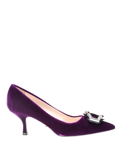 Shop Prada Jewel Velvet Pumps In Dark Purple