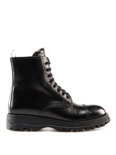 Shop Prada Logo Detailed Black Leather Ankle Boots