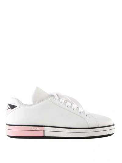 Shop Prada White And Pink Sole Leather Sneakers