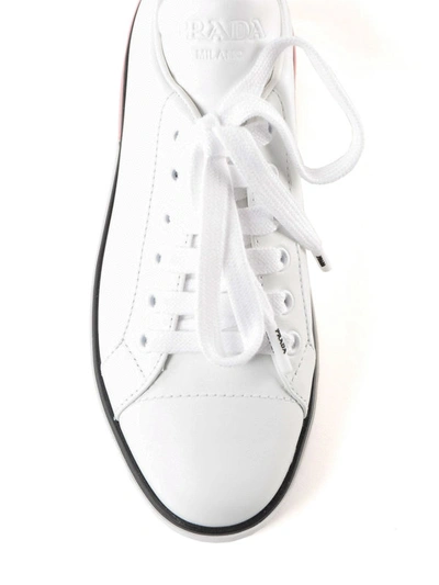 Shop Prada White And Pink Sole Leather Sneakers