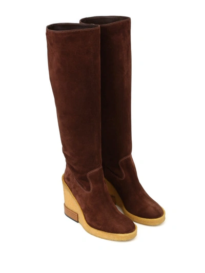 Shop Tod's Para Wedge Suede Boots In Brown