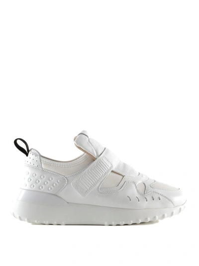 Shop Tod's White Leather And Scuba Sneakers With Strap
