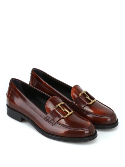 Shop Tod's Double T Pennybar Brushed Leather Loafers In Dark Red