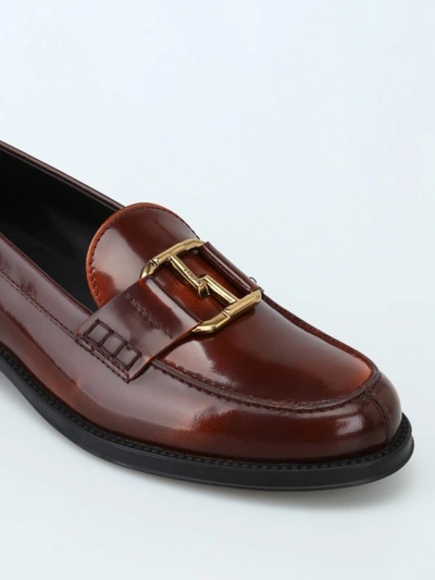 Shop Tod's Double T Pennybar Brushed Leather Loafers In Dark Red