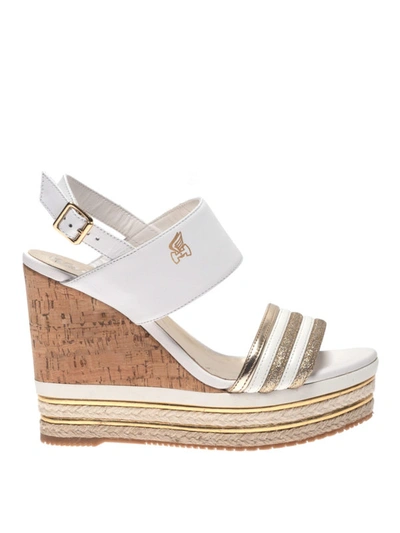 Shop Hogan White Leather And Gold Glitter Wedge Sandals