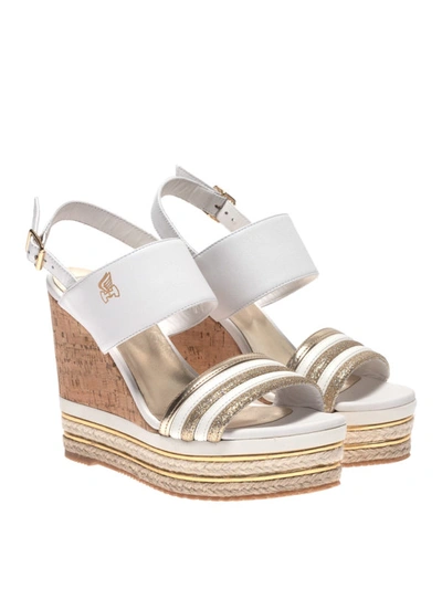 Shop Hogan White Leather And Gold Glitter Wedge Sandals