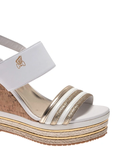 Shop Hogan White Leather And Gold Glitter Wedge Sandals