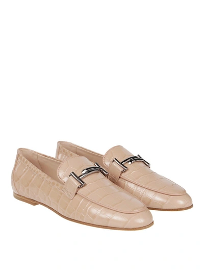 Shop Tod's Croco Effect Leather Double T Loafers In Beige