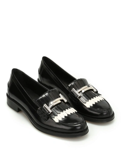 Shop Tod's Double T Fringed Leather Loafers In Black