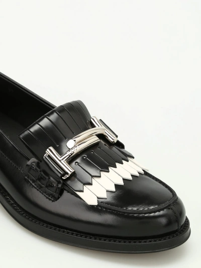 Shop Tod's Double T Fringed Leather Loafers In Black