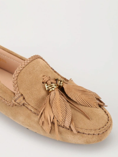 Shop Tod's Suede Loafers With Leaf Tassels In Beige