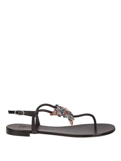 Shop Giuseppe Zanotti Crystal Butterfly Flat Thong Sandals In Black