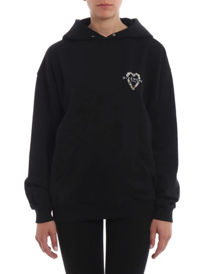 Shop Givenchy Heart And Logo Embroidery Hoodie In Black