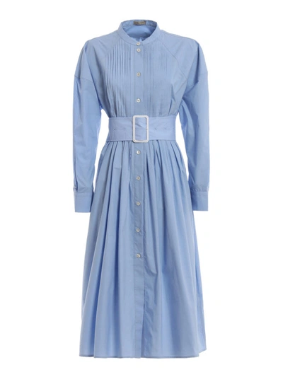 Shop Bottega Veneta Cotton Shirt Dress With High Belt In Light Blue