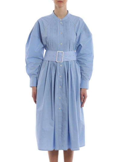 Shop Bottega Veneta Cotton Shirt Dress With High Belt In Light Blue