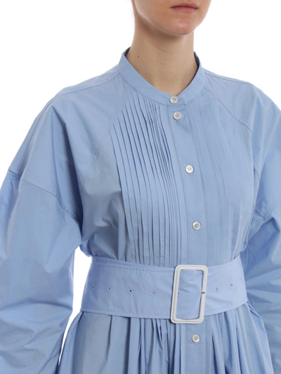 Shop Bottega Veneta Cotton Shirt Dress With High Belt In Light Blue