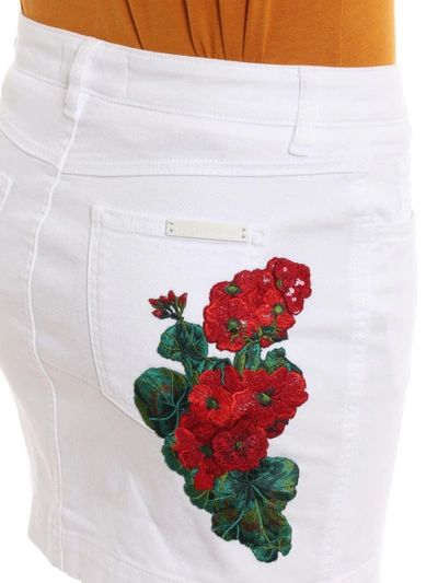 Shop Dolce & Gabbana Denim Mini Skirt With Floral Embroidery In White
