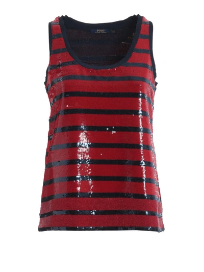 Shop Polo Ralph Lauren Sequined Striped Tech Fabric Tank Top In Red