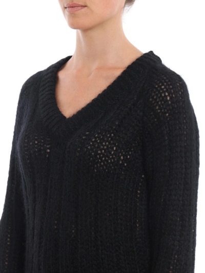 Shop Prada Black Ribbed Mohair And Wool V Neck Sweater