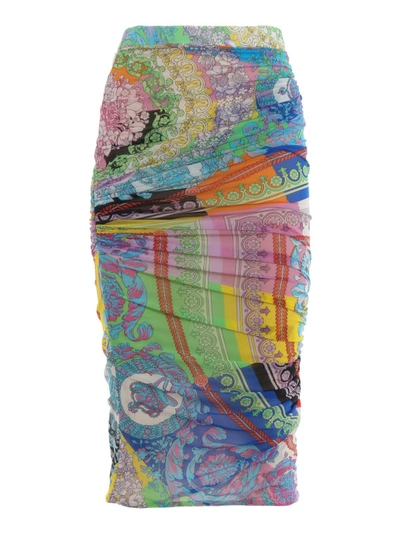 Shop Versace Draped Baroque Print Stretch Tulle Skirt In Multicolour